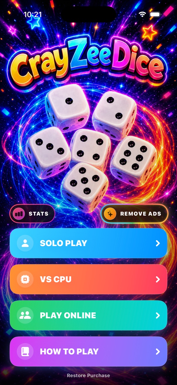 CrayZee Dice main menu on iPhone