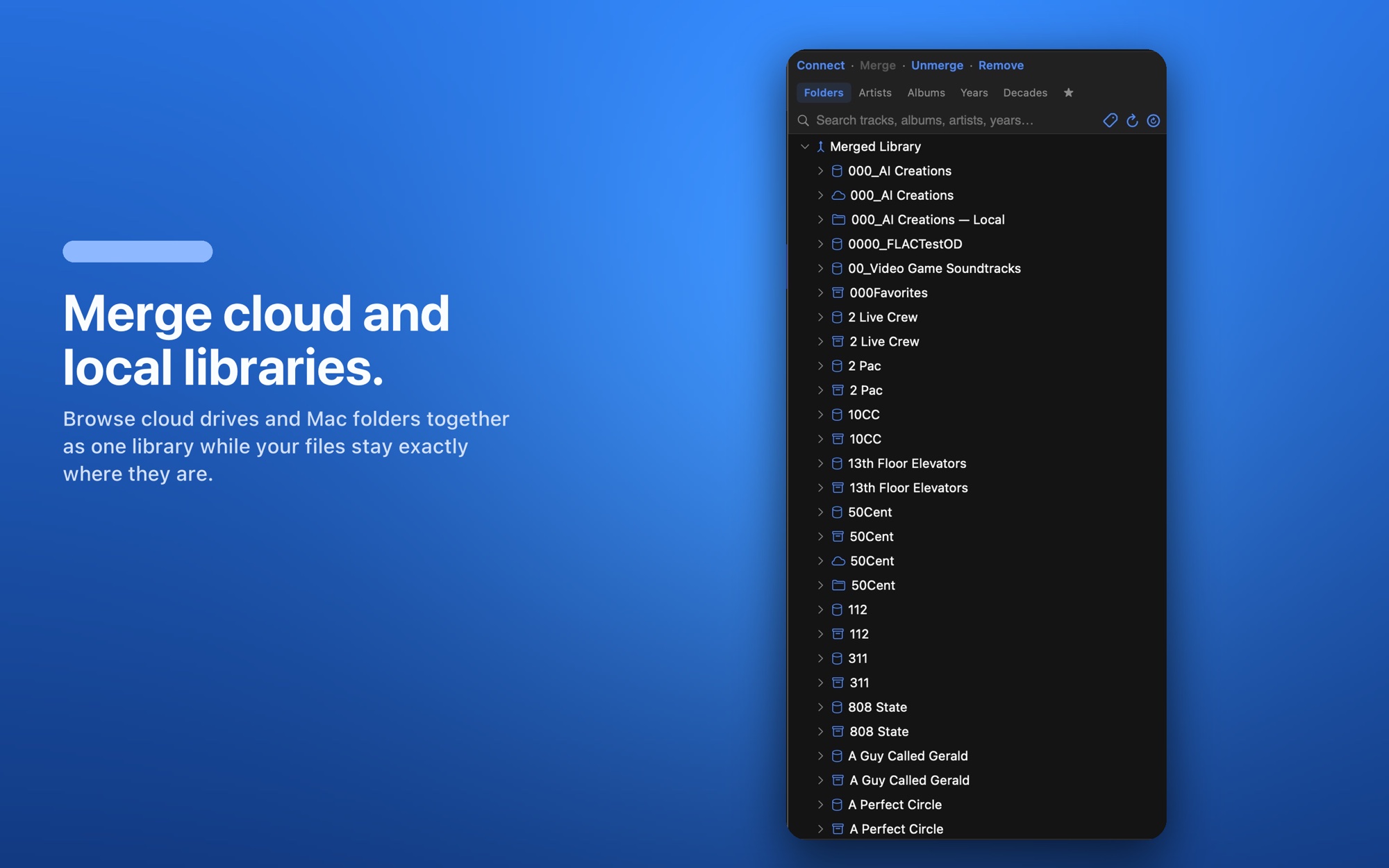 Oort merging Dropbox, OneDrive, iCloud Drive and local folders into one Mac music library