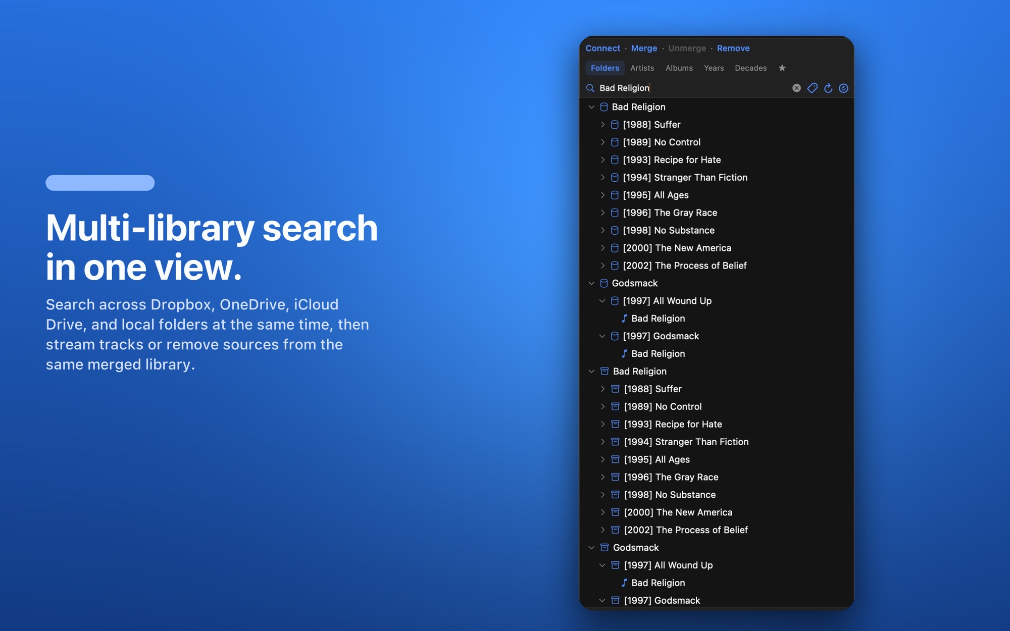 Fast search across a large music library in Oort on Mac, a foobar2000-style alternative